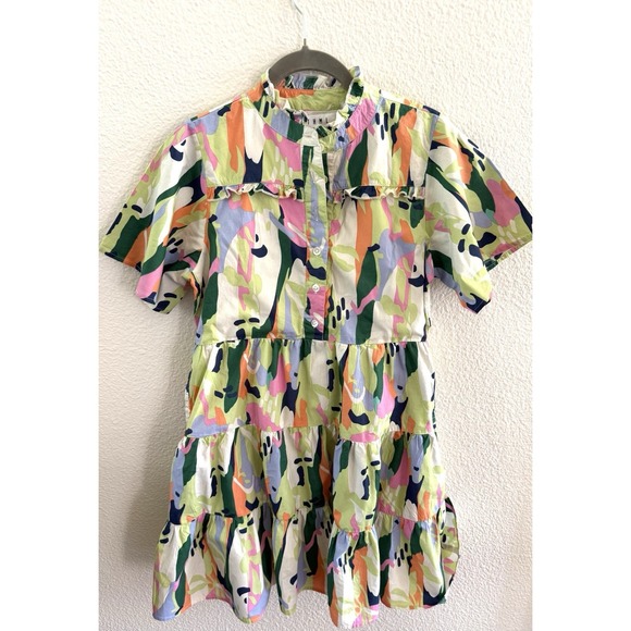 THML Dresses & Skirts - THML Anthro Dress Colorful Geometric Flutter Sleeve Tiered Swing Vacation Sz XS